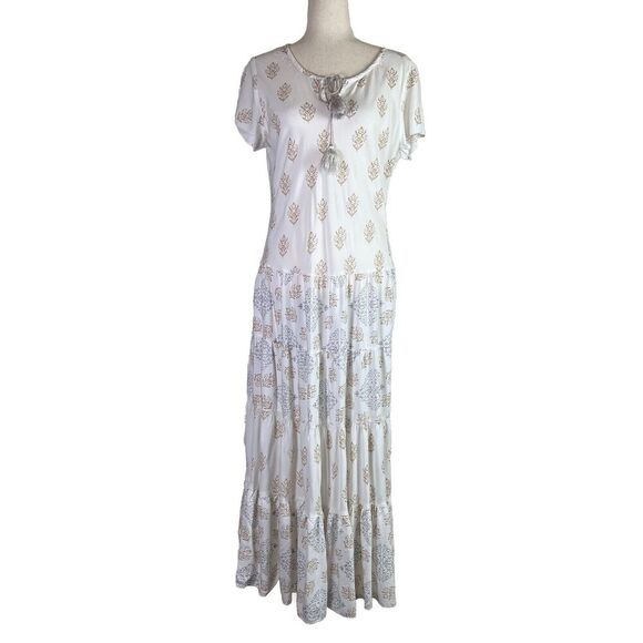 Sundance Dresses & Skirts - Sundance Maxi Dress Short Sleeve Size Large White Cream Tassel Tiered Boho
